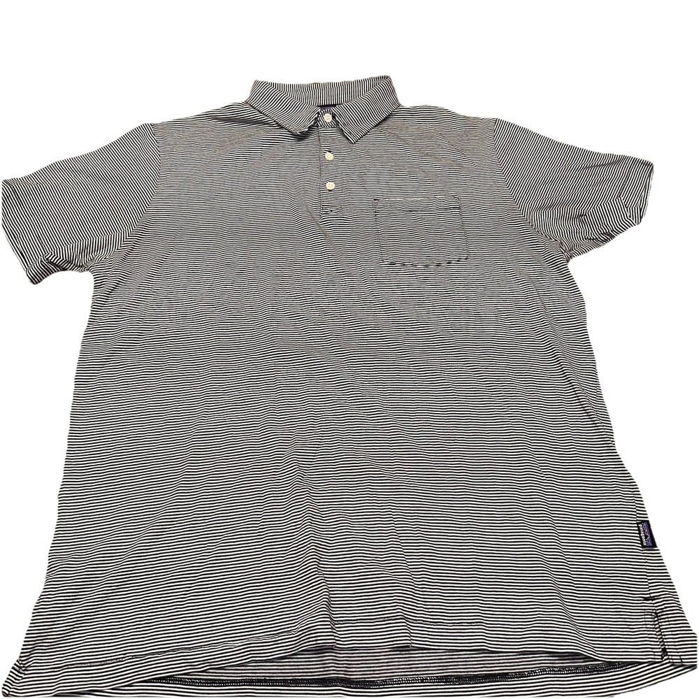 Patagonia Black/White Stripe Organic Cotton Short Sleeve Polo Hike Logo Men's L - Picture 2 of 6